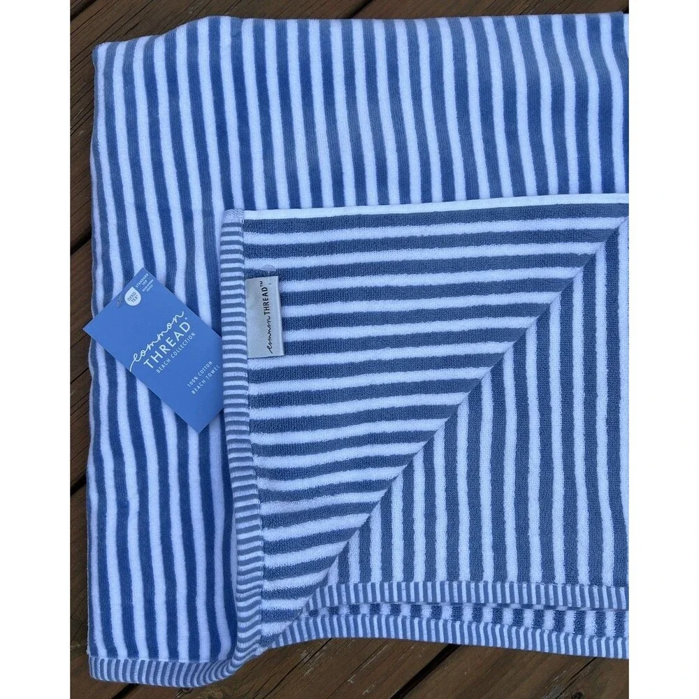 Common Thread Beach Towel Blue Striped Stripes Cotton 36 X 68 New